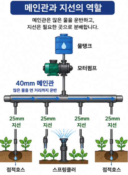 관수시설 메인관과 지선 구성도
