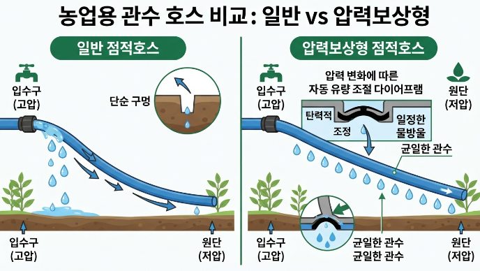 일반 점적호스와 압력보상형 점적호스 압력 유량 비교