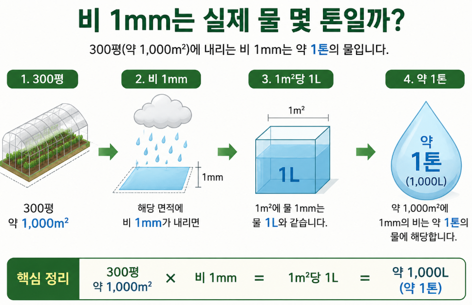 300평에서 물 1mm가 약 1톤이 되는 관수량 계산